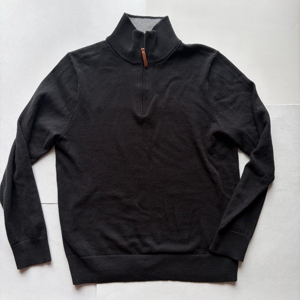 J. Crew Men's Black Quarter-Zip Sweater with Leather Pull